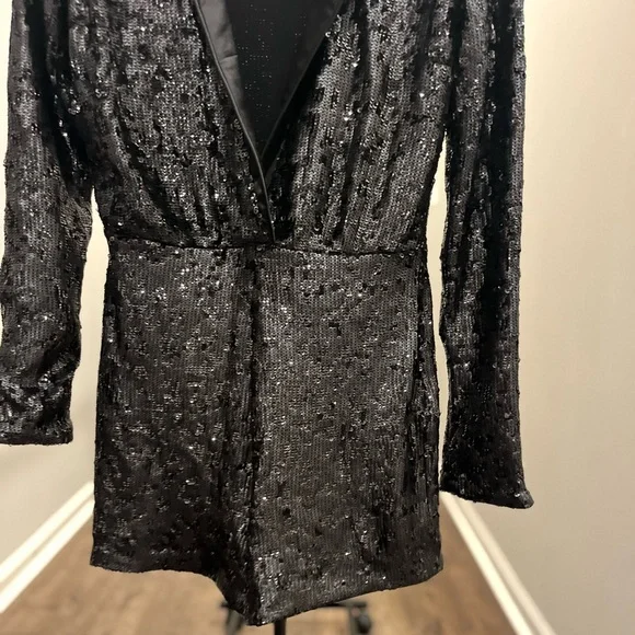 NBD Black Sequin Blazer romper with Satin Shawl Lapel – Size Small, NWT - Picture 3 of 16